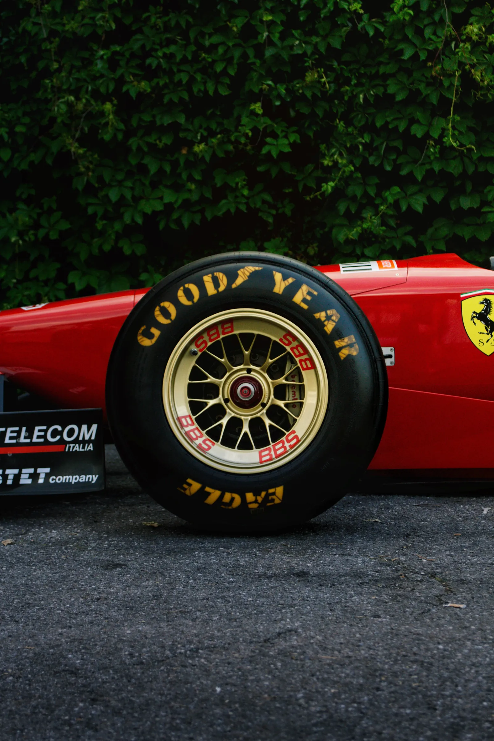 Close-up of a Goodyear tyre on a red Ferrari Formula 1 car