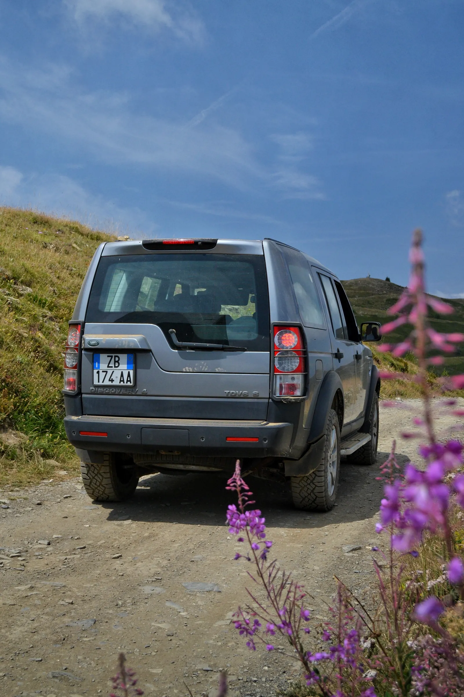 Land Rover Discovery rear view on a mountain track with wildflowers