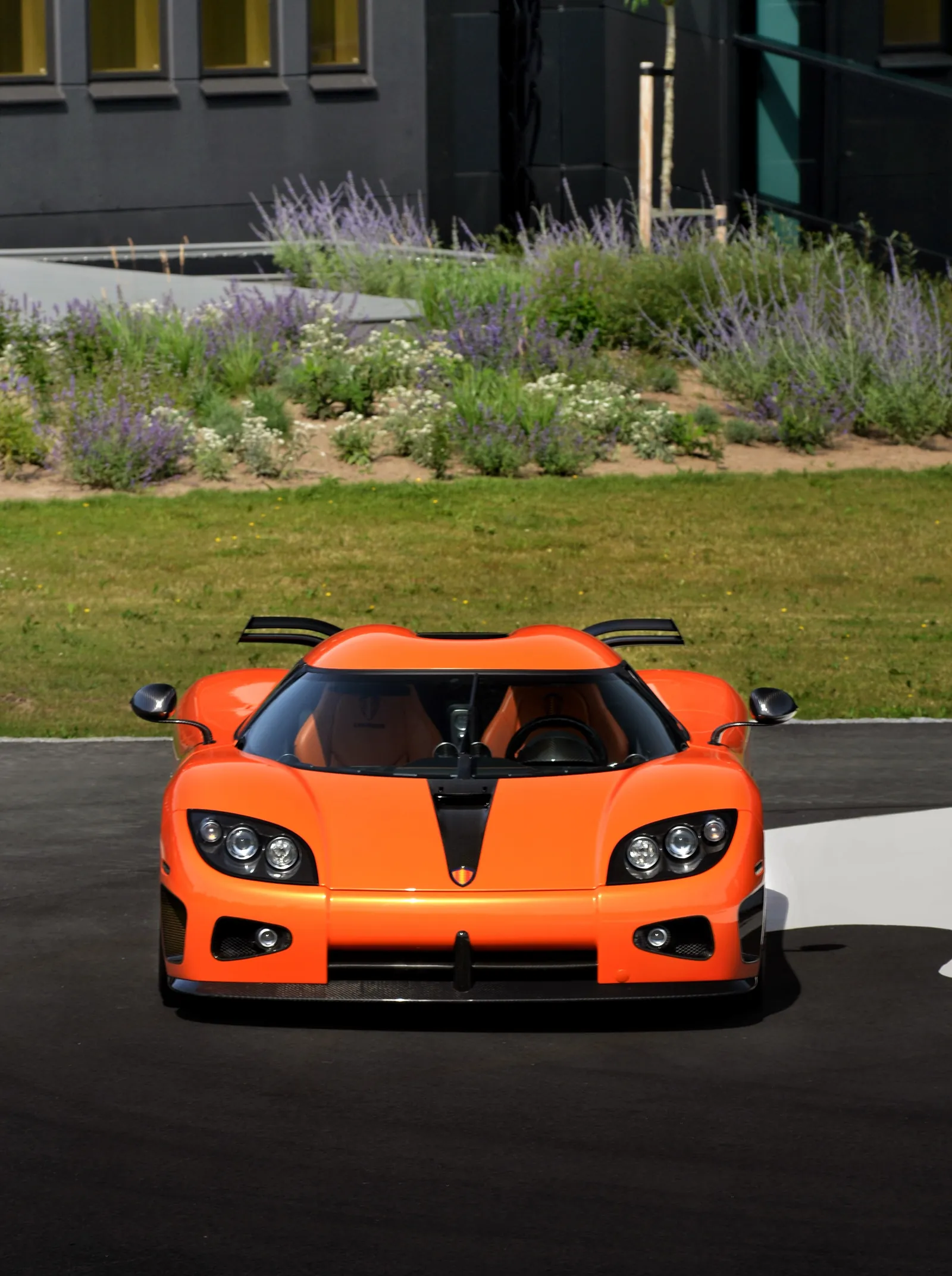 Orange Koenigsegg supercar seen from the front in a garden